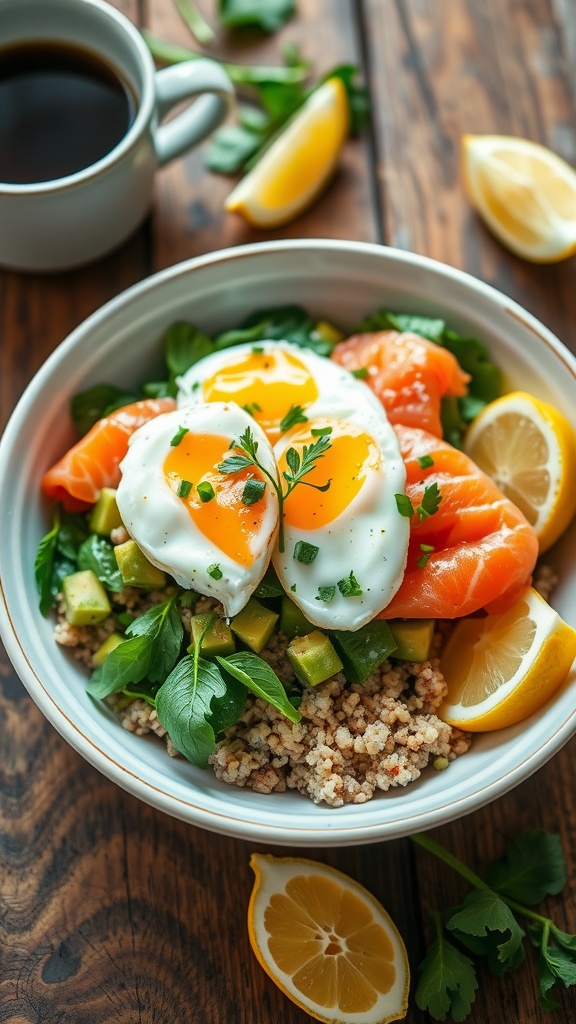 A delicious breakfast bowl with quinoa, smoked salmon, poached eggs, and avocado, garnished with spinach and herbs on a rustic table.